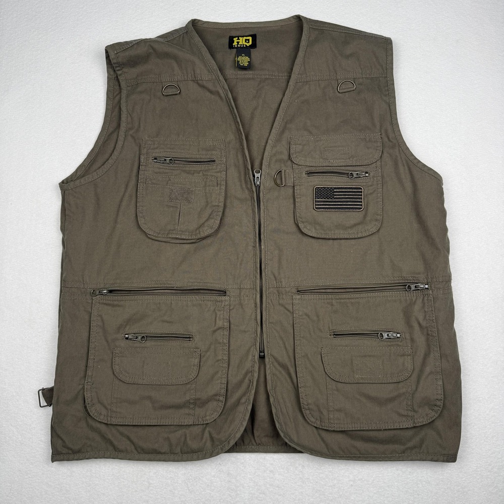 HQ ISSUE Vest Mens XL Green Canvas Utility Hunting Tactical Multi Pocket Zip